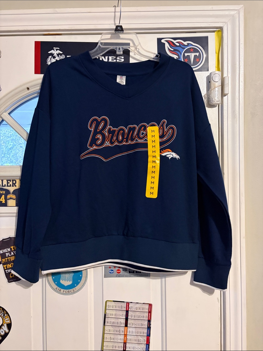 NFL Navy Broncos Script V-Neck Pullover Sweatshirt
